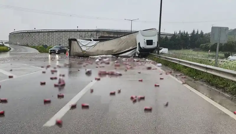 TIR Devrildi, Yola Saçılan İçkiler Caddeyi Şenlendirdi